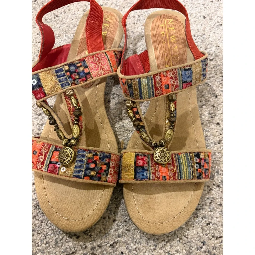 New York Transit Womens Boho Patchwork Wedge Sandals Multi Color Sequin 7.5M